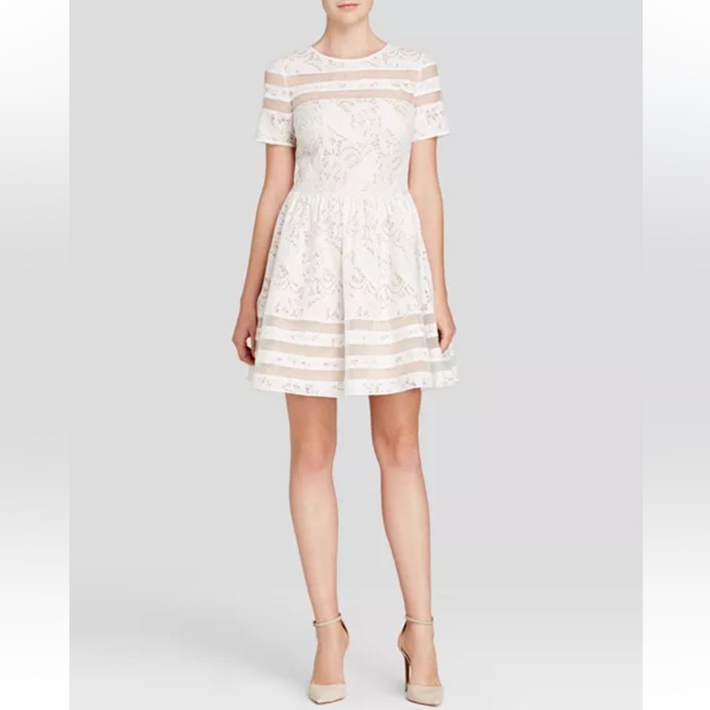 Aqua White Lace Mini Dress with Sheer Stripe Detail